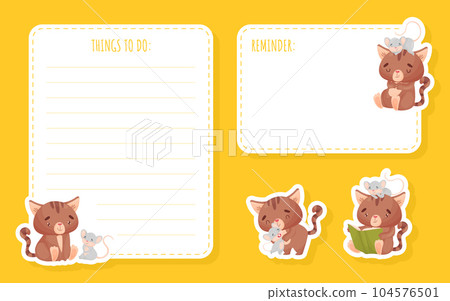 Note and Reminder Card with Cute Friendly Cat and Mouse Vector Template 104576501