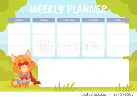 Weekly Planner with Note and Reminder Space with Cat Superhero Vector Template Weekly Planner with Note and Reminder Space with Cat Superhero Vector Template 104576502