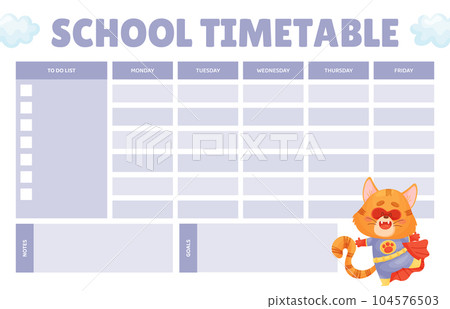 School Timetable with Cat Superhero Vector Template School Timetable with Cat Superhero Vector Template 104576503