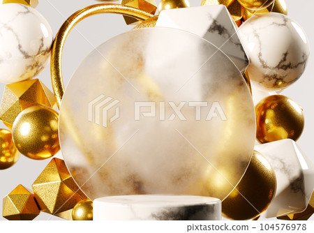 Abstract white marble and golden balls isolated on white background. Abstract white marble and golden balls isolated on white background. 104576978