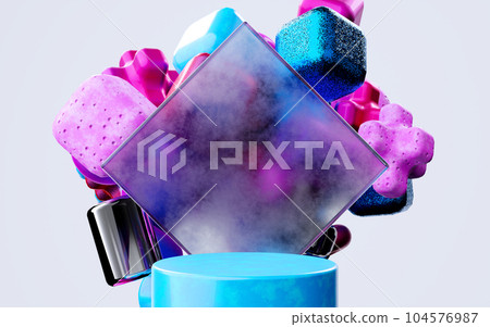 Abstract blue, pink, glass, purple geometric shapes on white background. 104576987