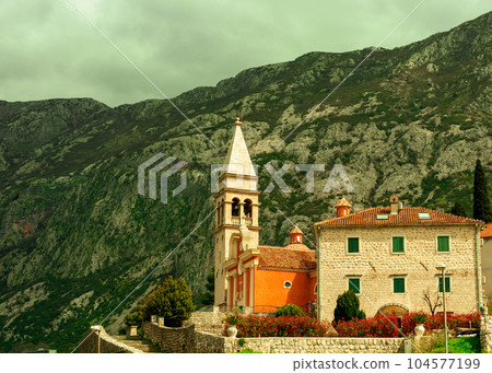The tower bell of the church in Dobrota. Bay of Kotor, Montenegro, Europe The tower bell of the church in Dobrota. Bay of Kotor, Montenegro, Europe 104577199