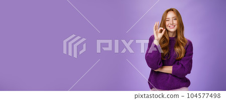 Nice work you did great. Satisfied and happy charming assertive and supportive redhead woman in purple sweater smiling and winking in approval showing okay gesture, liking product over violet wall Nice work you did great. Satisfied and happy charming assertive and supportive redhead woman in purple sweater smiling and winking in approval showing okay gesture, liking product over violet wall 104577498