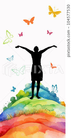 abstract silhouette of a happy girl with raised hands. Man rejoices in flying. Happy world sun and butterflies. Vector illustration 104577530