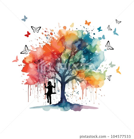 The girl swings on a swing on a rainbow tree. Dreams. Happy childhood. Joy and serenity. Vector illustration 104577533