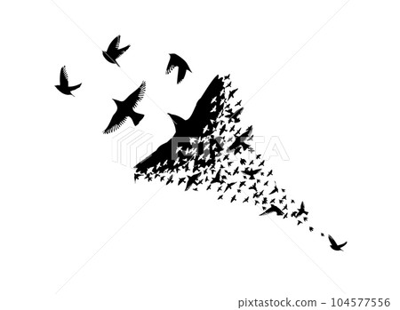 A flock of flying birds. Abstraction one bird and many small ones. Vector illustration A flock of flying birds. Abstraction one bird and many small ones. Vector illustration 104577556