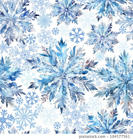 Snowflakes background. Repeated silver texture. Snow printed. Seamless pattern of watercolor snowflakes. Vector illustration 104577561