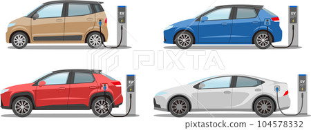 Electric car EV charging illustration compact car SUV sedan light car Electric car EV charging illustration compact car SUV sedan light car 104578332