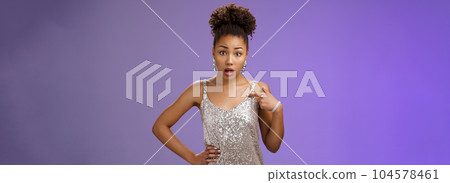Insulted shocked concerned african-american woman complaining look offended pointing herself frustrated questioned look camera talking you standing shocked worried pose blue background 104578461