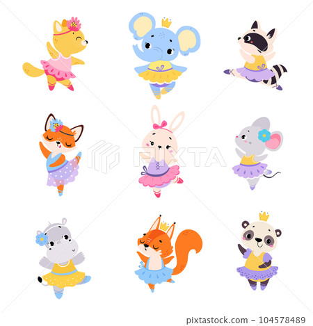 Funny Animal Ballet Dancing in Skirt and Pointe Shoes Vector Set 104578489