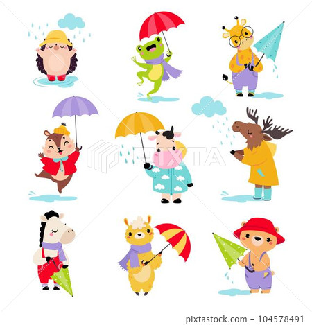Cute Animals in Rainy Day Walking with Umbrella Vector Set 104578491