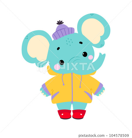 Cute Elephant in Rainy Day Walking in Raincoat and Rubber Boots Vector Illustration 104578509