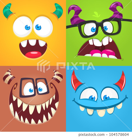Funny cartoon monster faces emotions set. Illustration of mythical alien creatures different expression. Halloween party design. Great package design. Funny cartoon monster faces emotions set. Illustration of mythical alien creatures different expression. Halloween party design. Great package design. 104578604