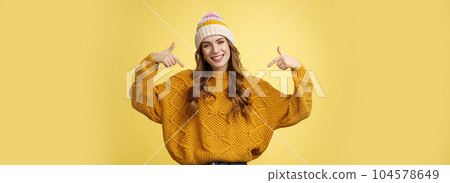 Stylish confident satisfied good-looking young woman winner bragging her achivement goals pointing shoulders smiling delighted telling you she perfect candidate, suggesting herself Stylish confident satisfied good-looking young woman winner bragging her achivement goals pointing shoulders smiling delighted telling you she perfect candidate, suggesting herself 104578649