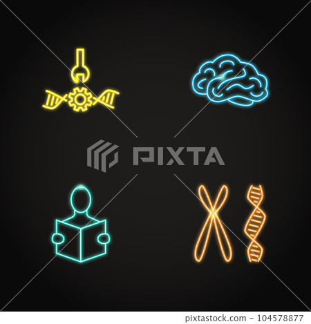 Biohacking concept icon set in neon style Biohacking concept icon set in neon style 104578877