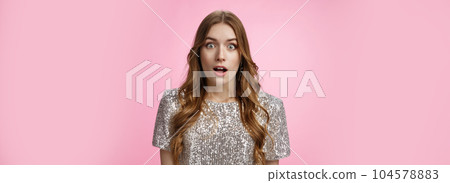 Amazed shocked surprised attractive young female singer being chosen lucky girl picked win lottery widen eyes gasping stupor astonished widen eyes amazement, posing impressed pink background Amazed shocked surprised attractive young female singer being chosen lucky girl picked win lottery widen eyes gasping stupor astonished widen eyes amazement, posing impressed pink background 104578883