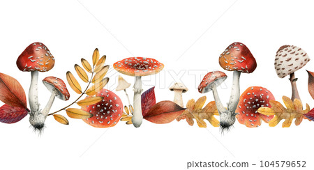 Autumn horizontal seamless border with poisonous mushrooms, fly agarics, yellow fall leaves watercolor illustration isolated on white background 104579652