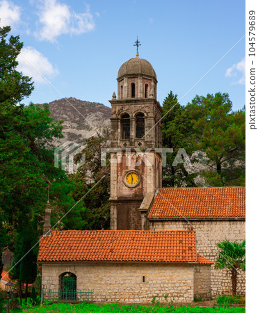 View of ancient Orthodox Church of St Peter and Paul. Religious architecture Montenegro Risan town. 104579689