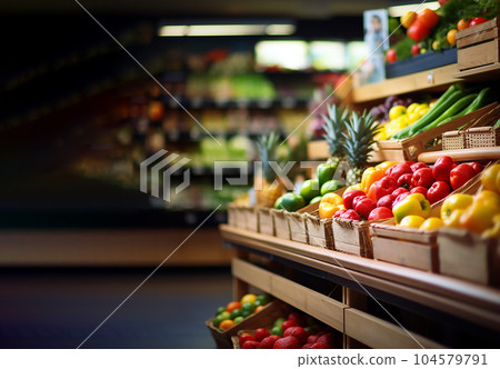 Supermarket zone with verious fresh organic vegetables and fruits on shelf or showcase. Farmers market. Healthy food concept. Vitamins and minerals in fresh vegetables, fruits. Copy space for mockup 104579791