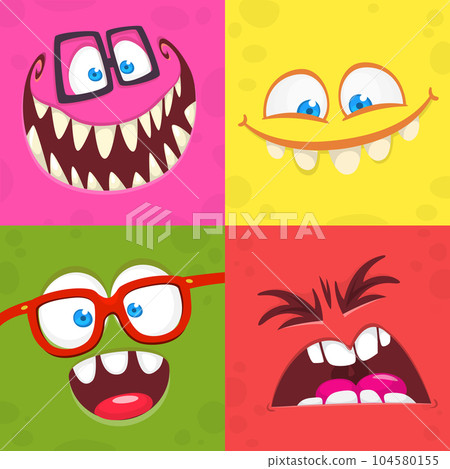 Funny cartoon monster faces. Illustration of alien creature different expression. Halloween design. Great for party decoration or package design Funny cartoon monster faces. Illustration of alien creature different expression. Halloween design. Great for party decoration or package design 104580155
