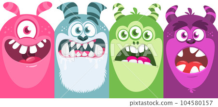 Funny cartoon monster faces emotions set. Illustration of mythical alien creatures different expression. Halloween party design. Great package design. 104580157