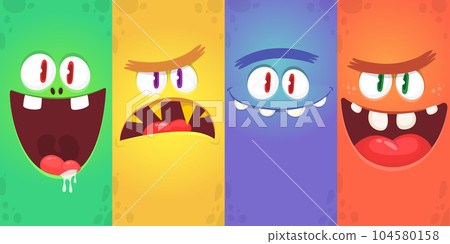 Funny cartoon monster faces emotions set. Illustration of mythical alien creatures different expression. Halloween party design. Great package design. Funny cartoon monster faces emotions set. Illustration of mythical alien creatures different expression. Halloween party design. Great package design. 104580158