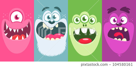 Funny cartoon monster faces emotions set. Illustration of mythical alien creatures different expression. Halloween party design. Great package design. Funny cartoon monster faces emotions set. Illustration of mythical alien creatures different expression. Halloween party design. Great package design. 104580161