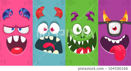 Funny cartoon monster faces emotions set. Illustration of mythical alien creatures different expression. Halloween party design. Great package design. Funny cartoon monster faces emotions set. Illustration of mythical alien creatures different expression. Halloween party design. Great package design. 104580166