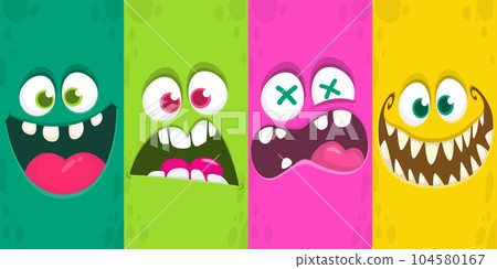 Funny cartoon monster faces emotions set. Illustration of mythical alien creatures different expression. Halloween party design. Great package design. Funny cartoon monster faces emotions set. Illustration of mythical alien creatures different expression. Halloween party design. Great package design. 104580167