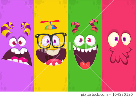 Funny cartoon monster faces emotions set. Illustration of mythical alien creatures different expression. Halloween party design. Great package design. Funny cartoon monster faces emotions set. Illustration of mythical alien creatures different expression. Halloween party design. Great package design. 104580180