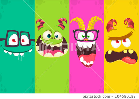 Funny cartoon monster faces emotions set. Illustration of mythical alien creatures different expression. Halloween party design. Great package design. 104580182