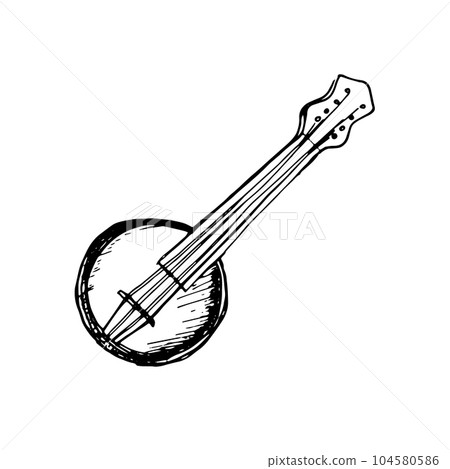 Banjo classical musical instrument vector illustration isolated. Symphony orchestra stringed Irish instrument ink hand drawn. Element black white for design wrapping, postcard, brochure, invitation Banjo classical musical instrument vector illustration isolated. Symphony orchestra stringed Irish instrument ink hand drawn. Element black white for design wrapping, postcard, brochure, invitation 104580586