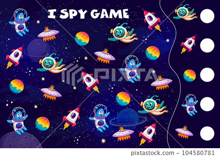 I spy game worksheet. Cartoon aliens and ufo in outer space. Kids vector math riddle. Count how many saucers, aliens, planets and rockets children test. Educational task for baby mind development I spy game worksheet. Cartoon aliens and ufo in outer space. Kids vector math riddle. Count how many saucers, aliens, planets and rockets children test. Educational task for baby mind development 104580781