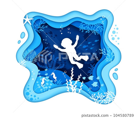 Diver silhouette on sea paper cut landscape. Seahorse, seaweeds and fish shoals mesmerizing underwater 3d vector scene. Mysterious, and teeming with marine life, it captures the beauty of ocean depths 104580789