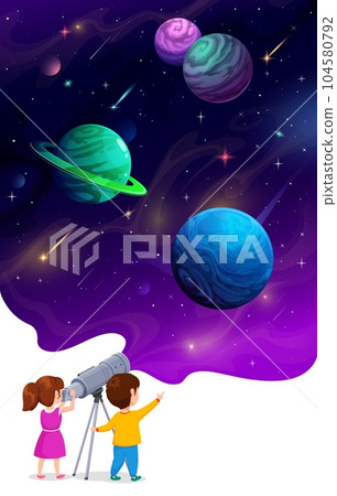 Cartoon boy and girl kids looking through a telescope at space planets. Excited vector children explore night starry sky, vast mysteries of Universe, learn astronomy science, observe galaxy wonders 104580792