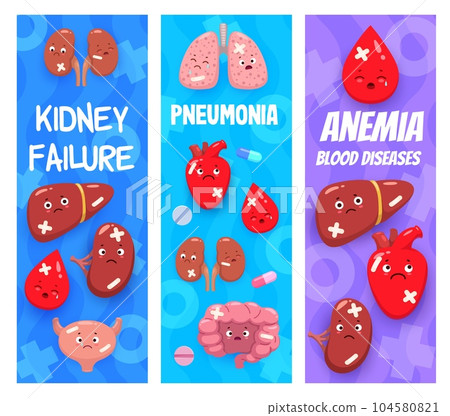 Anemia, pneumonia and kidney failure diseases with cartoon sick body organ characters, vector background. Sick body organs heart with blood drop and lungs with infection for medical healthcare clinic Anemia, pneumonia and kidney failure diseases with cartoon sick body organ characters, vector background. Sick body organs heart with blood drop and lungs with infection for medical healthcare clinic 104580821