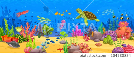 Cartoon underwater landscape with turtle and fish shoal, seaweeds, corals and reefs. Underwater aquatic life landscape, coral reef water world background or sea deep wildlife vector scene or wallpaper 104580824