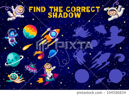Find the correct shadow of space characters and planets. Kids vector game worksheet, matching children logic activity, preschool education with cute astronauts, aliens, rockets and cosmic objects 104580834