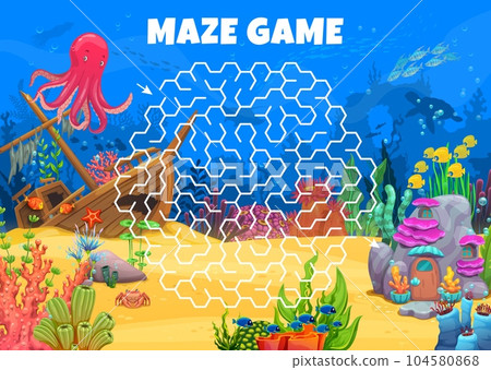 Labyrinth maze game. Help to octopus find his underwater house. Labyrinth puzzle vector worksheet with ocean bottom animal cute characters, sunken ship, fish shoal, corals and seaweeds, fantasy house 104580868