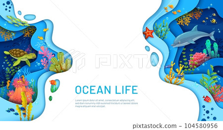 Cartoon turtle, dolphin, seaweeds and fish shoal. Paper cut sea underwater landscape. Sea nature, coral reef fauna papercut vector background or banner with ocean bottom animals, sea flora and fauna 104580956