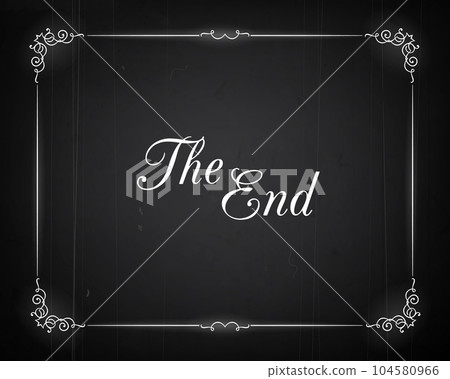 Silent movie cinema film end screen with vintage borders, vector background. Hollywood cinema and retro movie theater The End screen with frame, grunge black poster of silent movie film ending 104580966