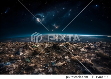 Enormous garbage pile reaching outer space showing pollution problems 104580984