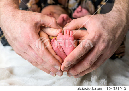 sweet newborn family forming Baby feet heart baby's feet in mom and dad parent hands selective color sweet newborn family forming Baby feet heart baby's feet in mom and dad parent hands selective color 104581040
