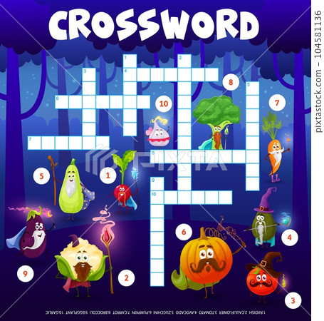 Crossword grid cartoon vegetable mages and wizards characters, quiz game. Vector funny radish, cauliflower, tomato, avocado and zucchini, pumpkin, carrot, broccoli, eggplant and garlic wiz personages Crossword grid cartoon vegetable mages and wizards characters, quiz game. Vector funny radish, cauliflower, tomato, avocado and zucchini, pumpkin, carrot, broccoli, eggplant and garlic wiz personages 104581136