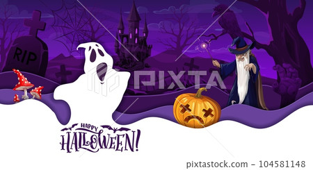 Halloween paper cut cemetery landscape, scary night holiday vector background. Happy Halloween poster with papercut pumpkin, spooky ghost and witch sorcerer, cemetery tombstones and haunted house 104581148