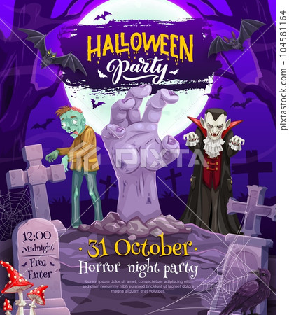 Cartoon halloween party flyer. Vector holiday characters scary vampire dracula, zombie, bats and raven. October horror night card with scary monsters and evil beasts, trick or treat spooky poster Cartoon halloween party flyer. Vector holiday characters scary vampire dracula, zombie, bats and raven. October horror night card with scary monsters and evil beasts, trick or treat spooky poster 104581164