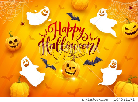 Cartoon halloween flying ghosts. Vector autumn holiday greeting card with funny spooks, pumpkins, bats, spider web and sparks on orange background with lettering. 31 october design with phantoms 104581171