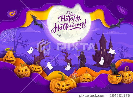 Halloween paper cut banner. Pumpkin Jack o lanterns smiling faces, cemetery ghosts and death skeleton, black cat cartoon characters, castle and bats on happy Halloween paper cut vector background 104581176