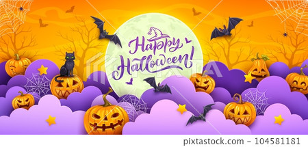 Halloween paper cut banner with pumpkins, bats and cobwebs. Cartoon vector greeting card design with 3d effect papercut clouds, landscape with trees, black cat and jack lanterns under full moon in sky 104581181