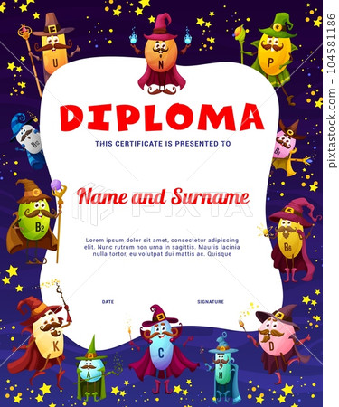 Halloween kids diploma. Vitamin and micronutrient mage and warlock characters. Child graduation certificate, school education vector diploma with N, U, B2 and D, C, K vitamins sorcerers cute personage 104581186
